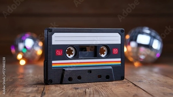Fototapeta Retro cassette tape with colorful stripes on wooden surface surrounded by disco balls in a cozy ambient setting