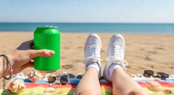 Obraz Relaxing Beach Day with Drink and Sneakers.