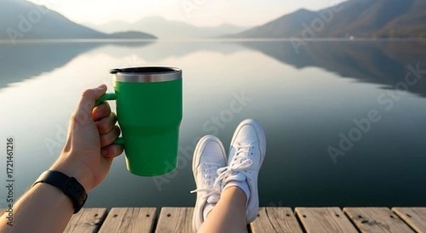 Obraz Relaxing Morning by the Lake with Coffee and Sneakers.