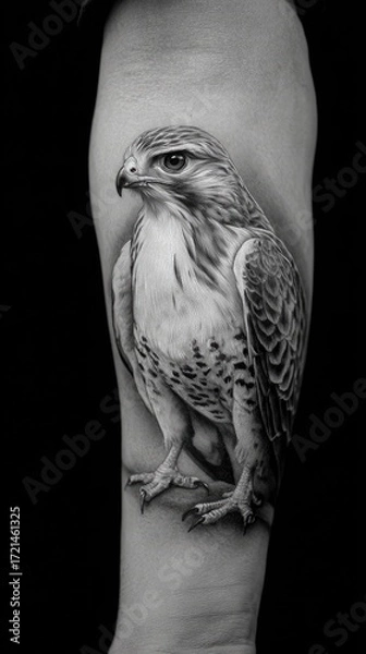 Fototapeta Detailed black and white tattoo of a majestic hawk, showcasing intricate detail and realism.