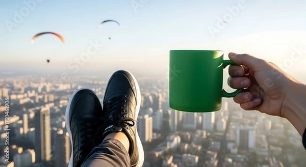 Obraz Relaxing Morning Coffee with City View and Paragliders.