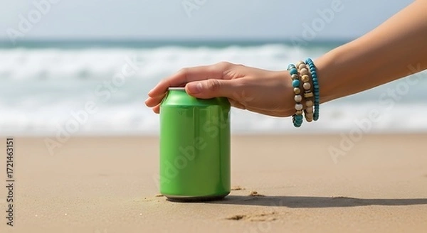 Obraz Womans hand holding a green can on the beach.