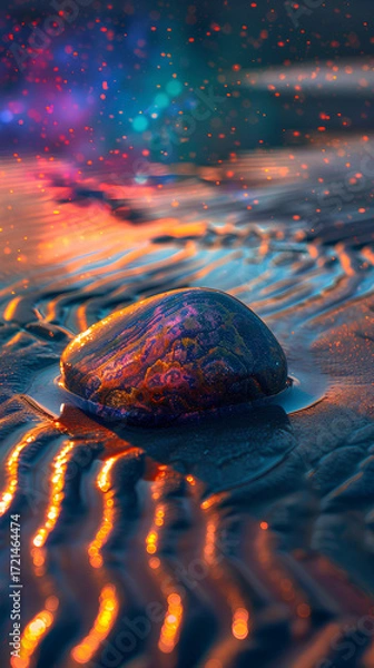 Fototapeta Solitary Stone at Sunset: An artful capture of a single, smooth stone at the water's edge, bathed in the enchanting hues of a vibrant sunset reflecting on the wet sand.