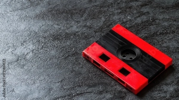 Fototapeta A red and black cassette tape on a gray surface.