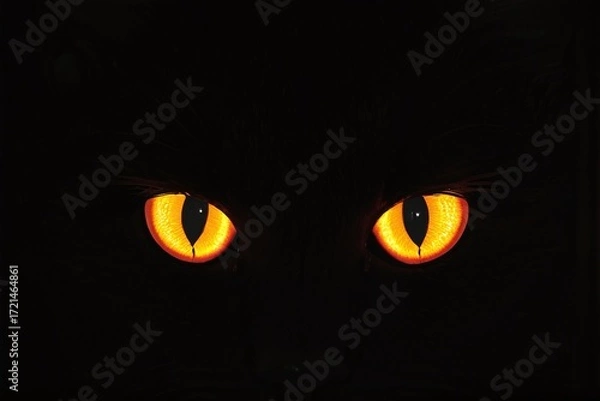 Fototapeta A spooky orange cat eyes glow in the dark on a black background with copy space