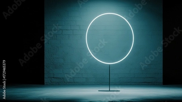 Fototapeta A neon light ring lamp with a circular light ring and a black base.