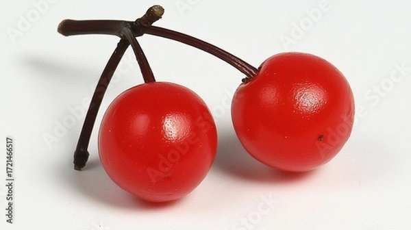 Fototapeta A close-up image of two red cherries on a white background.