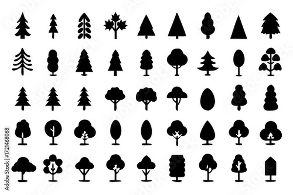 Fototapeta Collection of diverse tree silhouettes, showcasing various shapes and sizes for forestry, nature, and ecological designs