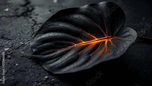 Fototapeta Conceptual macro shot of a matte black leaf with glowing, fiery orange veins. A symbol of energy, life, and nature's power. Dark, moody, and high-contrast background with a futuristic feel