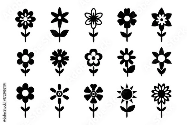 Fototapeta Collection of flower silhouettes, showcasing various floral designs for botanical illustrations, spring themes, and natureinspired artwork