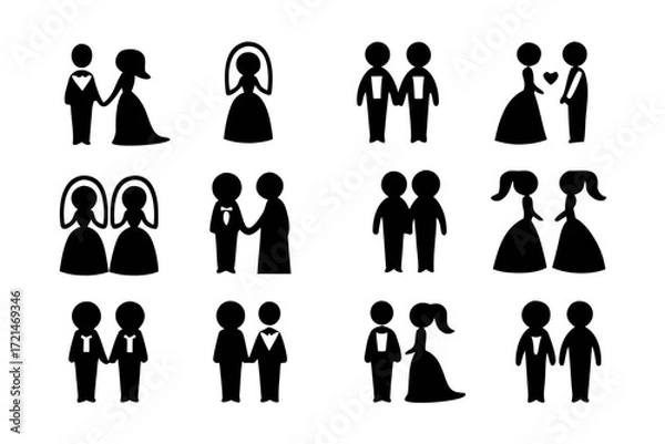 Fototapeta Collection of wedding couple icons in various poses, representing diverse relationships and celebrations, for versatile use