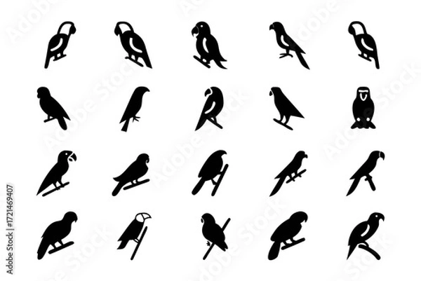 Fototapeta Collection of various bird icons in black silhouette, showcasing different species and poses in a simple, graphic style
