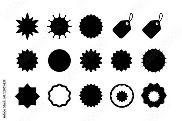 Fototapeta Collection of black starburst and tag icons, representing sale, promotion, and special offer in a simple style