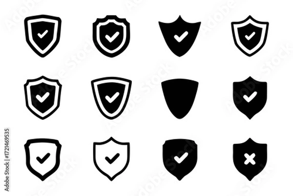 Fototapeta Collection of twelve handdrawn shield icons with check marks, , representing security, protection, and validation concepts