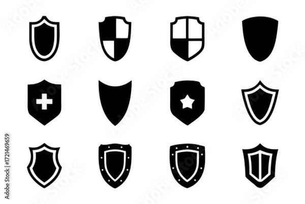 Fototapeta Collection of twelve shield icons in various designs, symbolizing protection, security, and defense, each shield has a unique shape and style