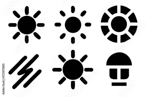 Fototapeta Collection of sun icons, representing weather, sunshine, and summer, with diverse designs for various applications and creative projects