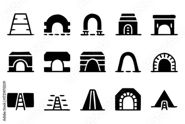 Fototapeta Collection of tunnel icons showcasing various designs, from simple arches to more complex structures, in a clean and modern style