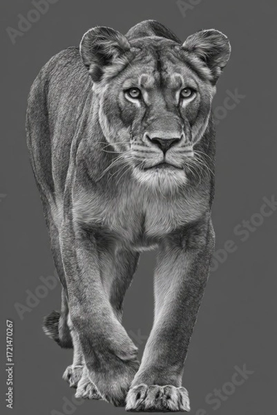 Fototapeta A regal lioness, in grayscale, strides confidently across a neutral backdrop, showcasing detailed fur texture and a powerful stance.