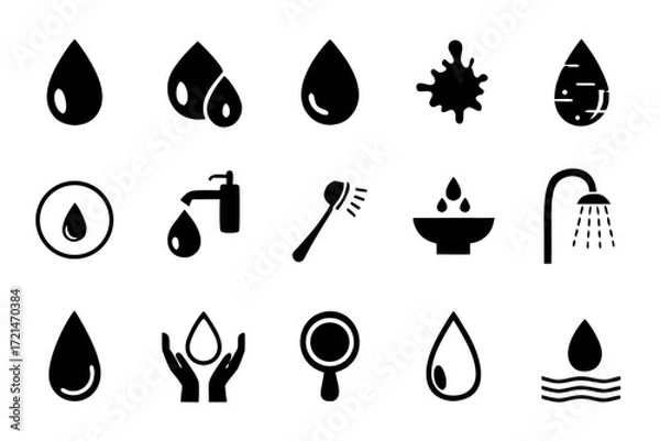 Fototapeta Collection of water drop illustrations, showcasing various forms and applications, suitable for environmental or design projects