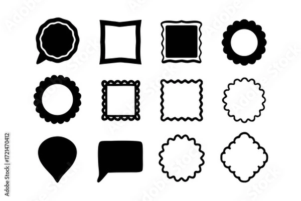 Fototapeta Set of twelve black frames, including round, square, and speech bubble shapes, perfect for design and decoration projects