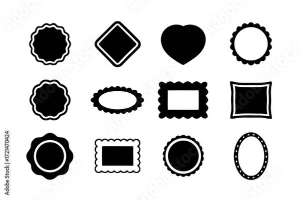 Fototapeta Collection of twelve black frames, featuring diverse shapes like heart, diamond, oval, and rectangle for creative design projects