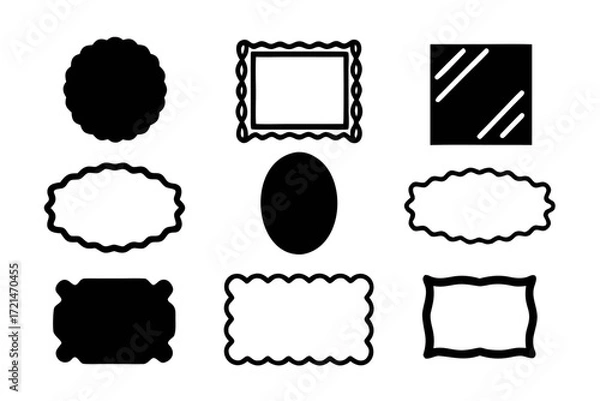 Fototapeta Set of nine black frames, including oval, square, and rectangle shapes, ideal for design and decorative applications