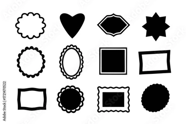 Fototapeta Collection of black silhouette frame shapes set of different simple frames for decoration, labels, badges and design elements