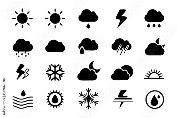 Fototapeta Weather condition icons set collection of different weather forecast symbols sun, rain, cloud, wind, snow, storm, and more