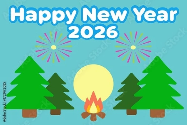 Fototapeta Happy New Year 2026 with Trees Campfire and Fireworks on Blue Sky celebration holiday