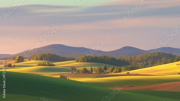Fototapeta It showcases rolling hills, with green meadows and trees in the background; creating a tranquil ideal for advertising or commercial video content, conveying a sense of peace and the beauty of nature.