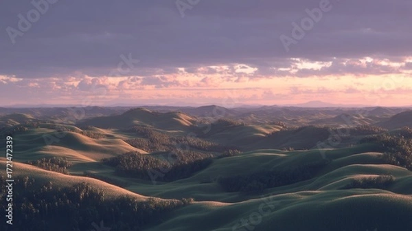 Fototapeta It showcases rolling hills, with green meadows and trees in the background; creating a tranquil ideal for advertising or commercial video content, conveying a sense of peace and the beauty of nature.