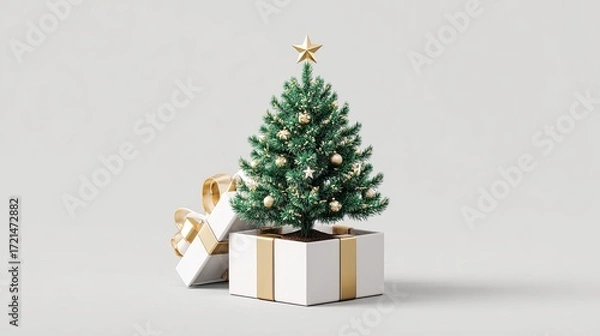 Fototapeta Christmas tree with golden decorations inside gift box with ribbon and bow isolated on white background
