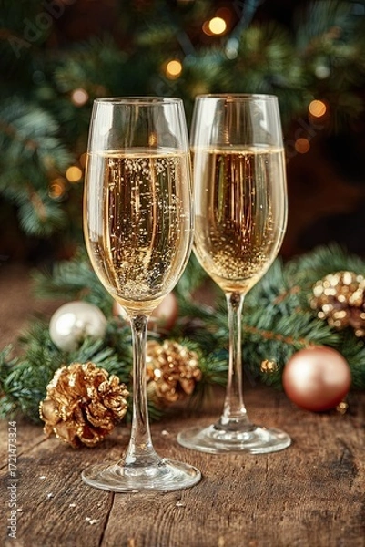 Fototapeta Two glasses of champagne with golden bubbles on wooden table with pine branches and ornaments