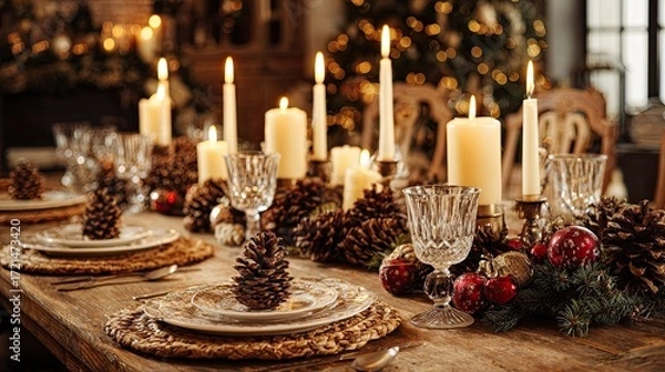 Fototapeta Rustic Christmas dinner table with burning candles, pine cones, glassware and festive holiday ornaments