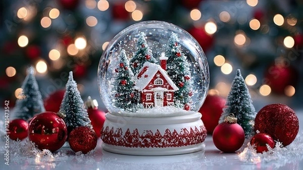 Fototapeta Christmas snow globe with red house and fir trees surrounded by ornaments and holiday decorations