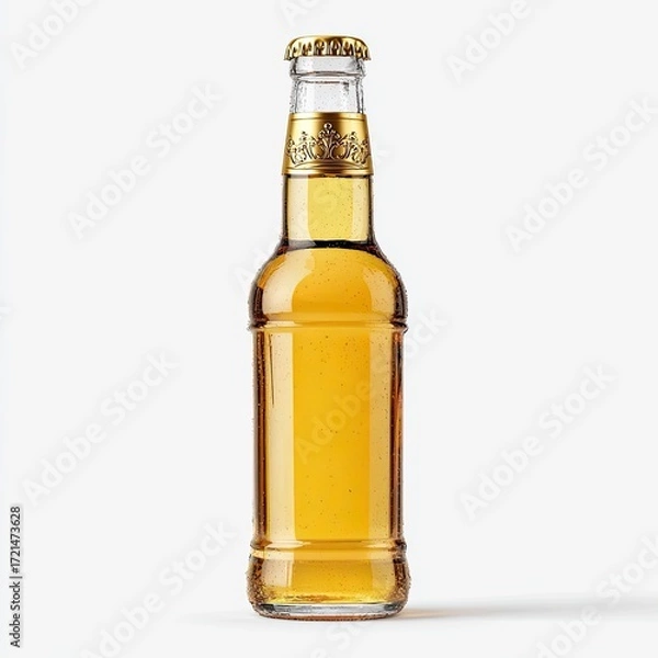 Fototapeta Clear glass beer bottle with golden cap filled with refreshing light lager on white background