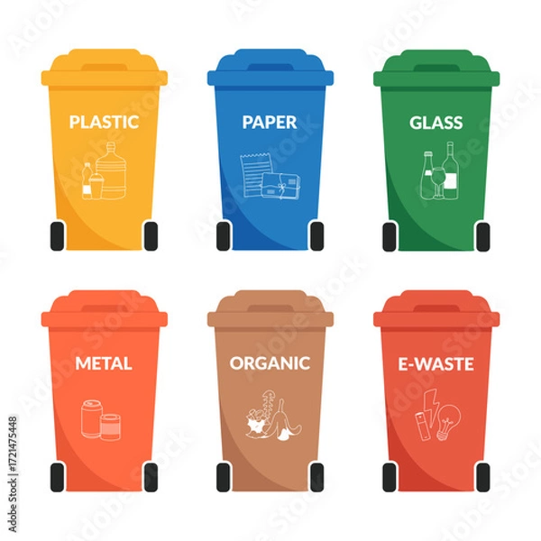 Fototapeta recycling bins for plastic, paper, glass, metal, organic and e-waste with icons. Waste sorting containers for eco-friendly lifestyle and environmental protection.