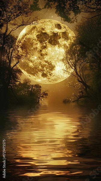 Fototapeta Celestial Reflection: The mesmerizing golden moon casts its gentle glow across a tranquil body of water, framed by a shadowy forest, creating a mystical scene.