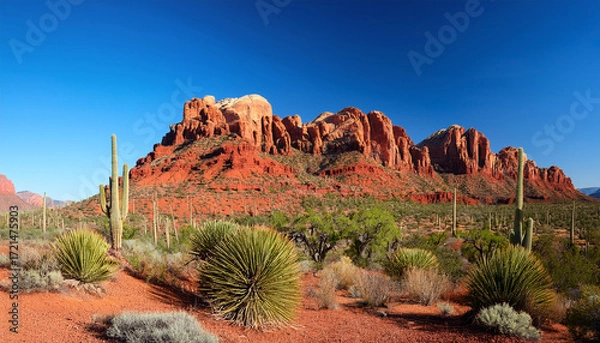 Fototapeta Vibrant Desert Landscape With Red Rock Formations And Cacti Against Clear Sky Background