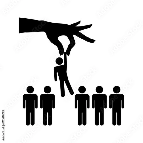Fototapeta Hand picking individual from crowd icon. recruitment and selection concept. Stickman figure cartoon.