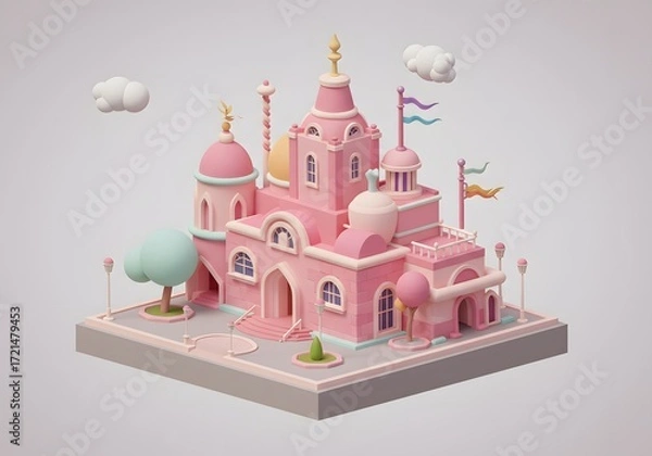 Fototapeta Whimsical Pink Cartoon Castle Building with Clouds and Trees - 3D Render