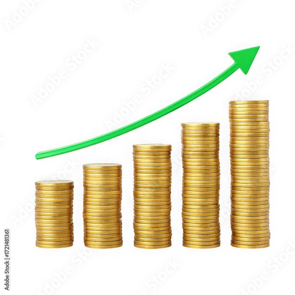 Fototapeta Stacks of gold coins with a green arrow indicating financial growth isolated on transparent background