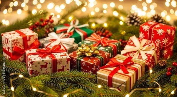 Fototapeta "Festive Christmas & New Year Background with Gifts and Pine Decorations"