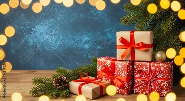 Obraz "Festive Christmas & New Year Background with Gifts and Pine Decorations"