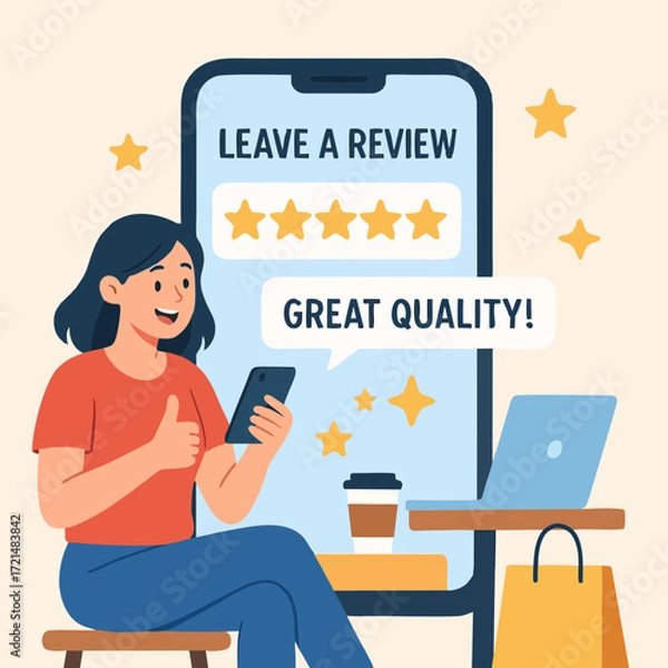 Fototapeta Flat illustration of a customer leaving product review online using smartphone, showing five star rating and feedback.