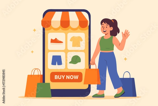 Fototapeta Flat illustration of a happy woman browsing products on online shop with big mobile screen and shopping bags.