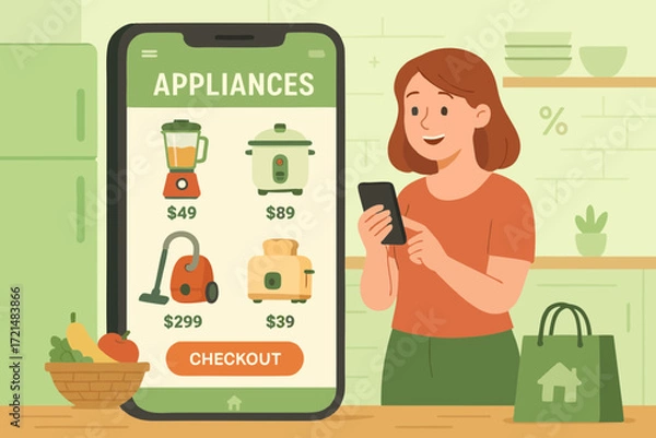Fototapeta Illustration of a woman shopping online for home appliances using smartphone, browsing product prices in ecommerce app.
