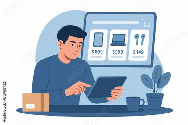 Fototapeta Flat illustration of a man shopping online with tablet, comparing product prices in ecommerce store.
