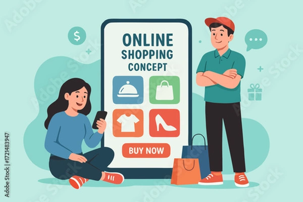 Fototapeta Flat design illustration of a couple shopping online with big ecommerce app screen, showing clothing and accessories.
