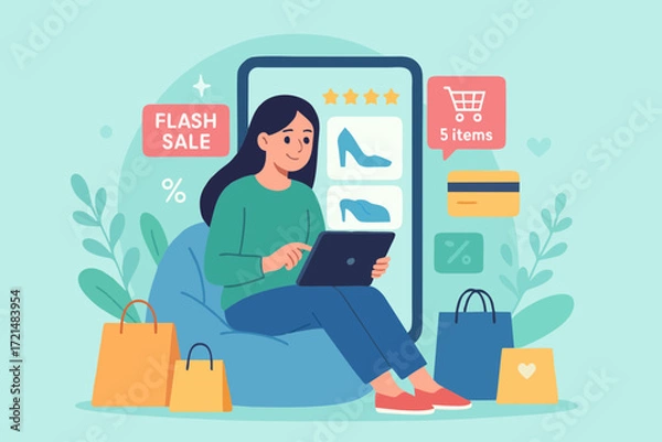 Fototapeta Vector illustration of a woman shopping online with tablet, browsing flash sale offers and ecommerce deals.
